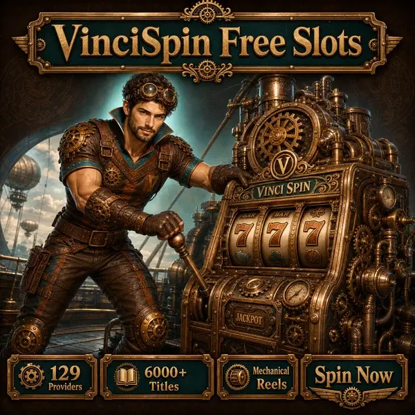 VinciSpin Casino player pulling lever on steampunk slot machine with brass gears and mechanical reels