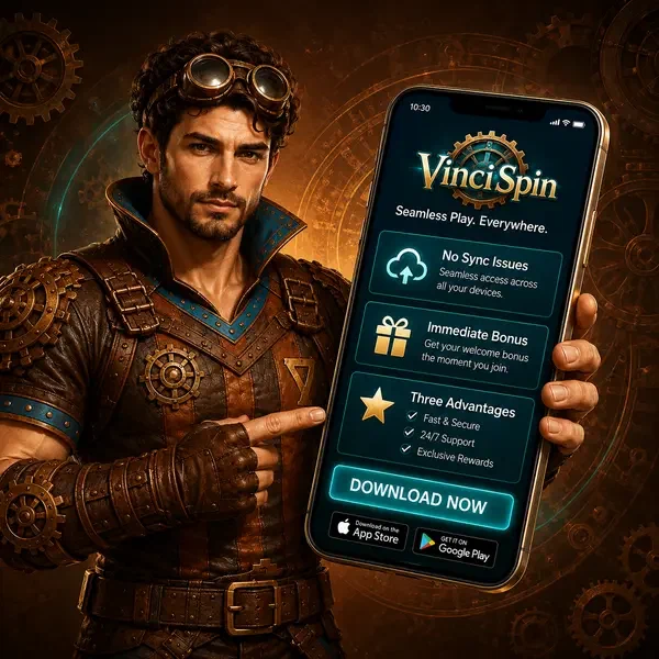 The Ironclad Adventurer confidently downloading VinciSpin app on his glowing smartphone screen