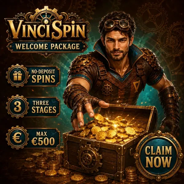 Adventurer reaching for VinciSpin welcome bonus treasure overflowing with golden coins