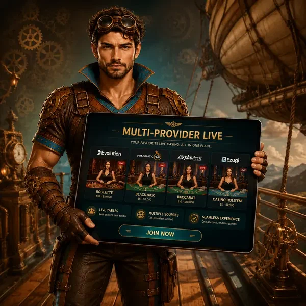 Ironclad Adventurer holds tablet displaying VinciSpin's live dealer games from multiple providers