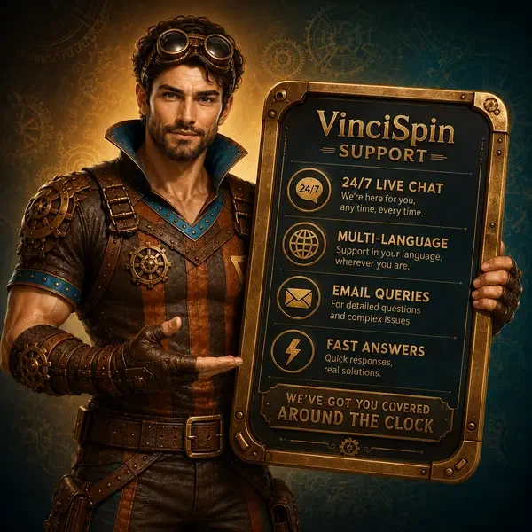 VinciSpin support champion with brass tablet showing live chat for 24/7 multilingual help