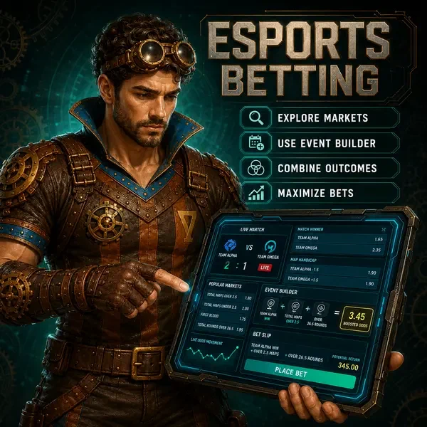 Ironclad Adventurer analyzing esports betting data on futuristic tablet at VinciSpin digital arena