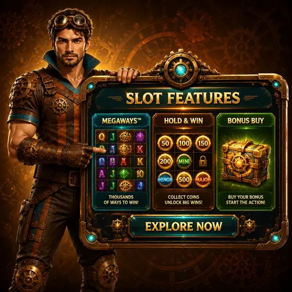 Steampunk adventurer exploring slot games at Megaways vs Hold & Win vs VinciSpin Free Slots