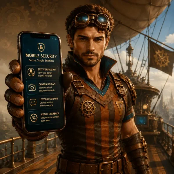 Steampunk adventurer using mobile app to verify identity on futuristic airship deck