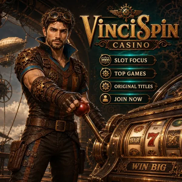 The Ironclad Adventurer gripping slot machine lever at VinciSpin Casino with steampunk gears backdrop