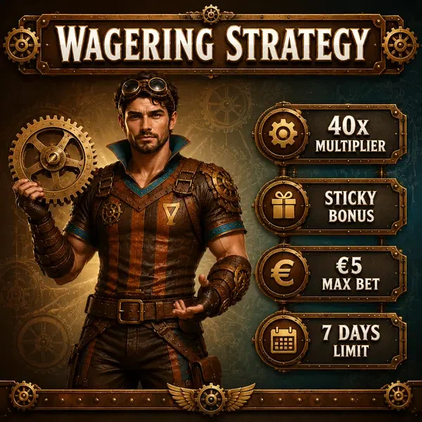 The Ironclad Adventurer holds brass gear symbolizing wagering strategy at Wagering Requirements and Game Contributions