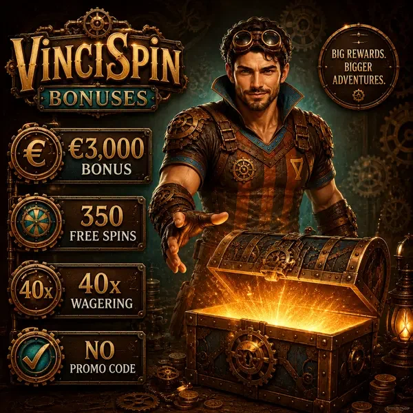VinciSpin Casino treasure chest overflowing with bonus coins and golden rewards