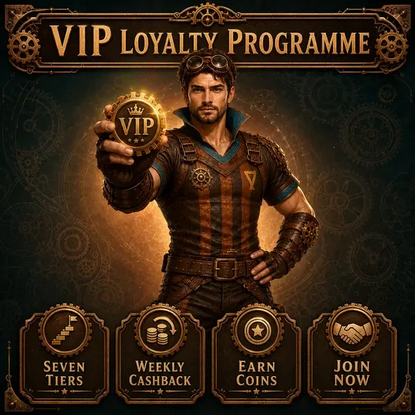 VinciSpin VIP loyalty programme badge glowing as adventurer stands proud in steampunk scene