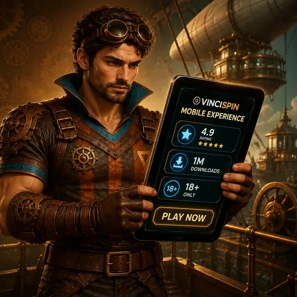 Adventurer exploring VinciSpin mobile app excellence on glowing tablet screen