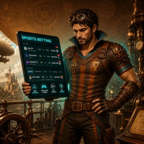 Steampunk adventurer analyzing sports betting odds on tablet at VinciSpin Sports Betting platform