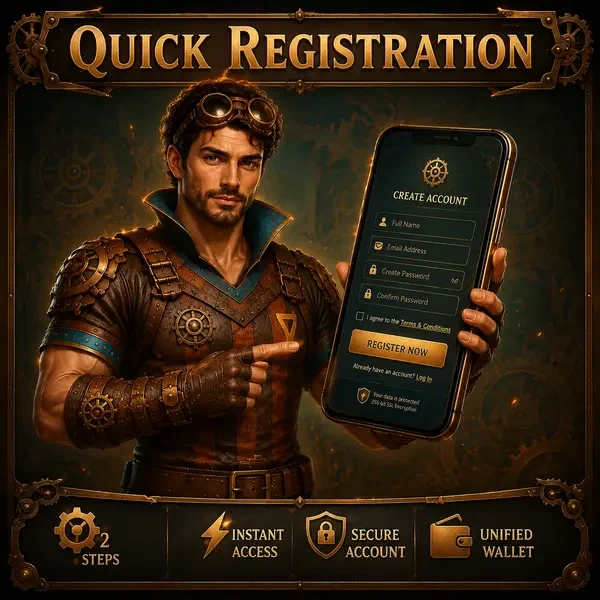 Steampunk adventurer signing up at VinciSpin through glowing smartphone registration portal